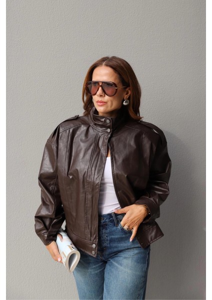 Acı Kahverengi Dik Yaka Suni Deri Ceket fiyatları