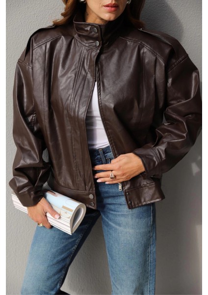 Acı Kahverengi Dik Yaka Suni Deri Ceket modelleri