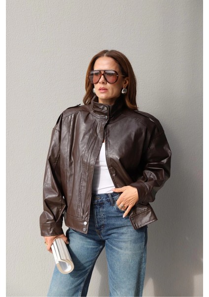 Acı Kahverengi Dik Yaka Suni Deri Ceket fırsatları