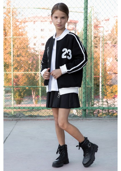 Siyah Beautifull Yazılı Kolu Şeritli Kız Çocuk Kolej Hırka 21190