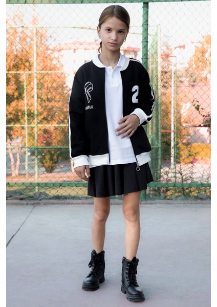 Siyah Beautifull Yazılı Kolu Şeritli Kız Çocuk Kolej Hırka 21190 modelleri