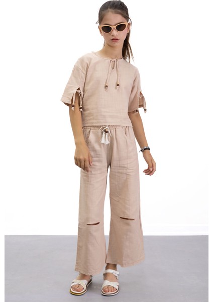 Bej Boyundan Bağlamalı Tişörtlü Kız Çocuk Pantolonlu 2li Takım 21187