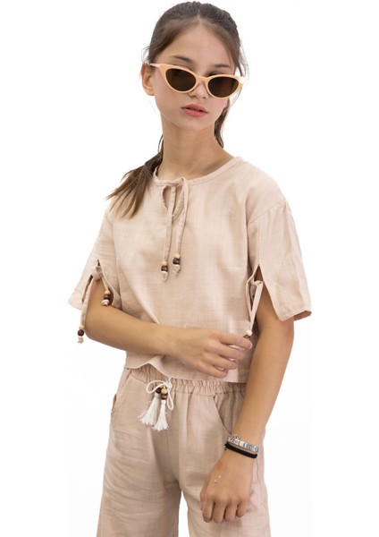 Bej Boyundan Bağlamalı Tişörtlü Kız Çocuk Pantolonlu 2li Takım 21187 fiyatları