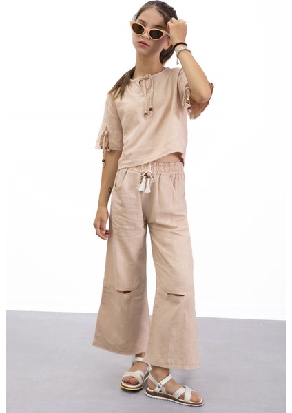 Bej Boyundan Bağlamalı Tişörtlü Kız Çocuk Pantolonlu 2li Takım 21187 modelleri