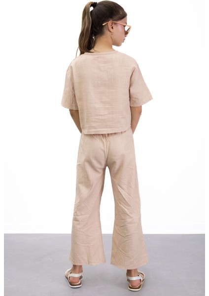 Bej Boyundan Bağlamalı Tişörtlü Kız Çocuk Pantolonlu 2li Takım 21187 indirimleri