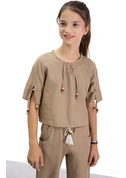Kahve Boyundan Bağlamalı Tişörtlü Kız Çocuk Pantolonlu 2li Takım 21188 fiyatları