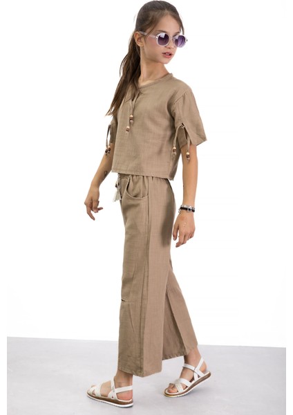 Kahve Boyundan Bağlamalı Tişörtlü Kız Çocuk Pantolonlu 2li Takım 21188 fırsatları