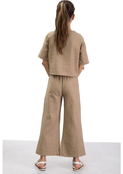 Kahve Boyundan Bağlamalı Tişörtlü Kız Çocuk Pantolonlu 2li Takım 21188 indirimleri