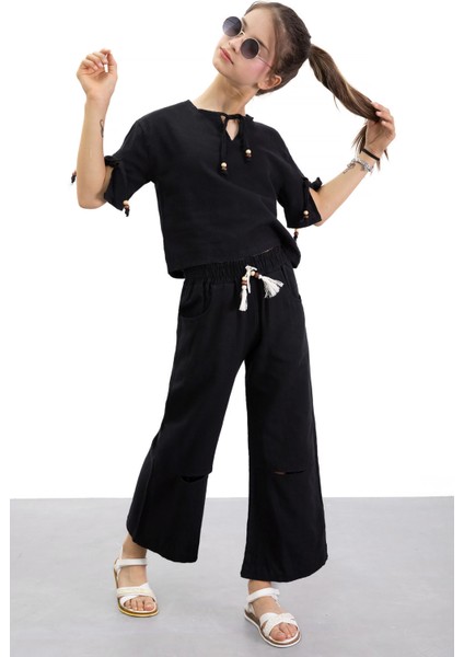 Siyah Boyundan Bağlamalı Tişörtlü Kız Çocuk Pantolonlu 2li Takım 21186