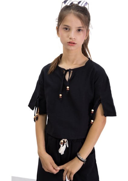 Siyah Boyundan Bağlamalı Tişörtlü Kız Çocuk Pantolonlu 2li Takım 21186 fiyatları