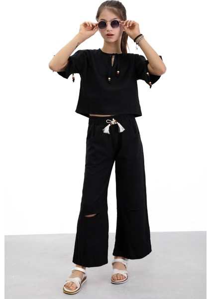 Siyah Boyundan Bağlamalı Tişörtlü Kız Çocuk Pantolonlu 2li Takım 21186 modelleri