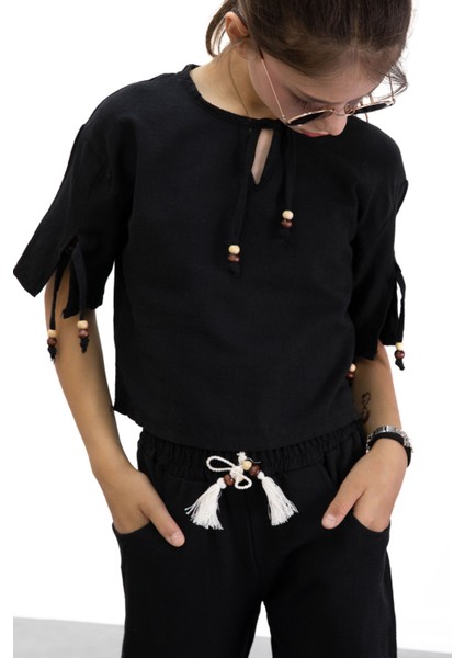 Siyah Boyundan Bağlamalı Tişörtlü Kız Çocuk Pantolonlu 2li Takım 21186 fırsatları