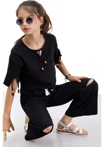 Siyah Boyundan Bağlamalı Tişörtlü Kız Çocuk Pantolonlu 2li Takım 21186 indirimleri