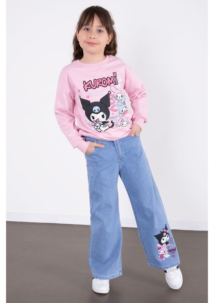 Pembe Simli Baskılı Badili Jean Pantolonlu Kız Çocuk 2li Takım 22756