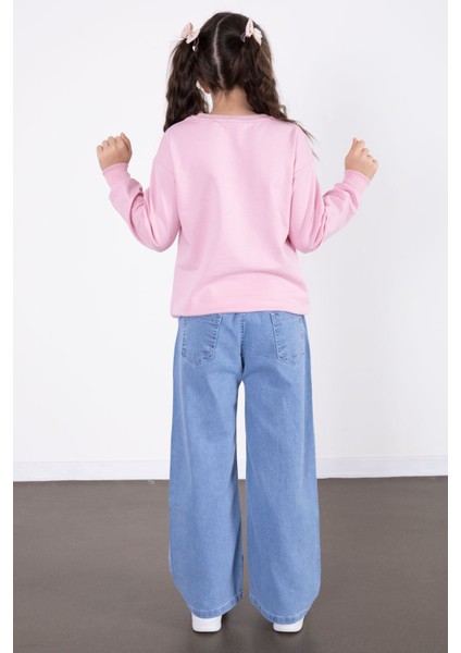 Pembe Simli Baskılı Badili Jean Pantolonlu Kız Çocuk 2li Takım 22756 indirimleri
