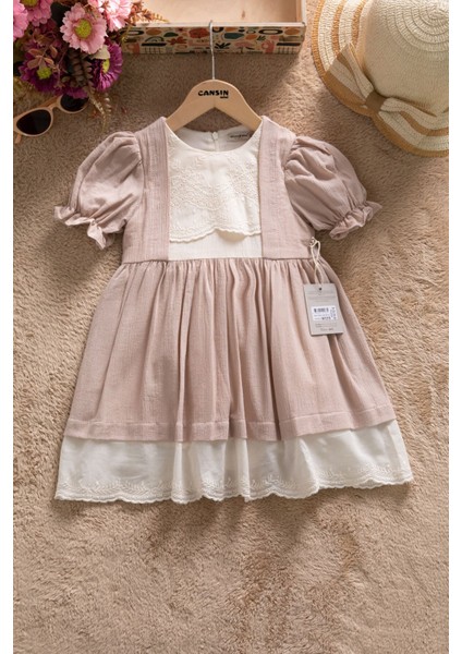 Kahverengi Kız Çocuk Dantel Detaylı Kolu Fırfırlı Elbise 22683