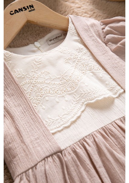 Kahverengi Kız Çocuk Dantel Detaylı Kolu Fırfırlı Elbise 22683 fiyatları