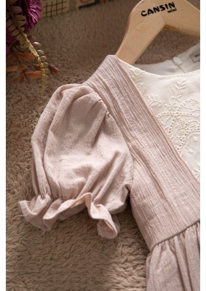 Kahverengi Kız Çocuk Dantel Detaylı Kolu Fırfırlı Elbise 22683 modelleri