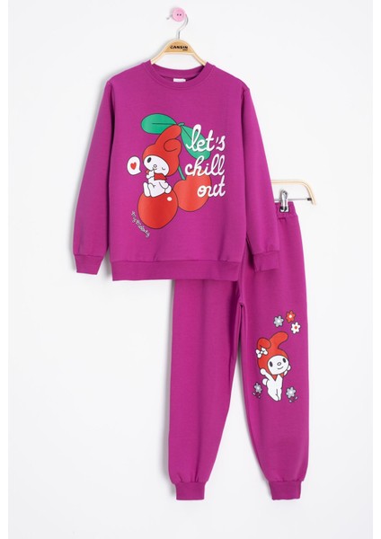 Fuşya Kız Çocuk Kiraz Karakter Baskılı Bisiklet Yaka Eşofman Takımı 23273