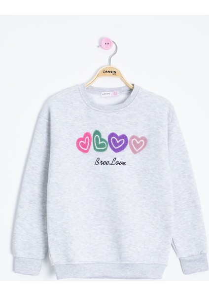 Gri Kalp Nakışlı Bisiklet Yaka Kız Çocuk Şardonlu Sweatshirt 23252