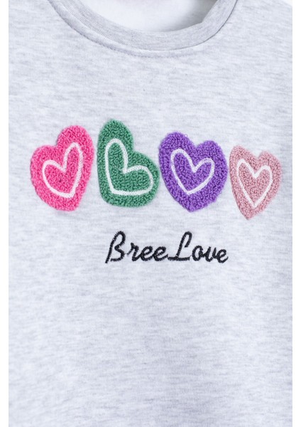 Gri Kalp Nakışlı Bisiklet Yaka Kız Çocuk Şardonlu Sweatshirt 23252 fiyatları