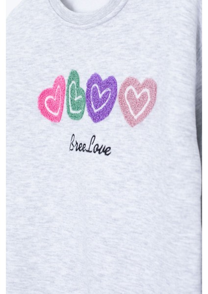 Gri Kalp Nakışlı Bisiklet Yaka Kız Çocuk Şardonlu Sweatshirt 23252 modelleri