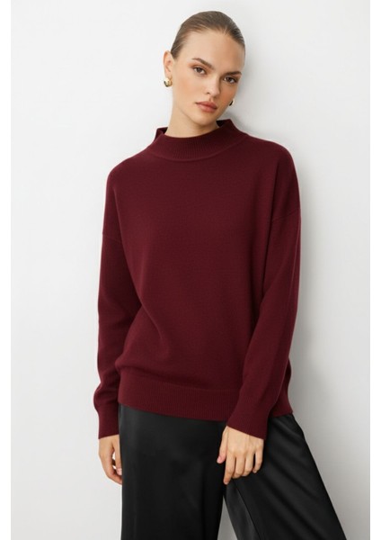 Basic Yarım Balıkçı Bordo Triko Kazak