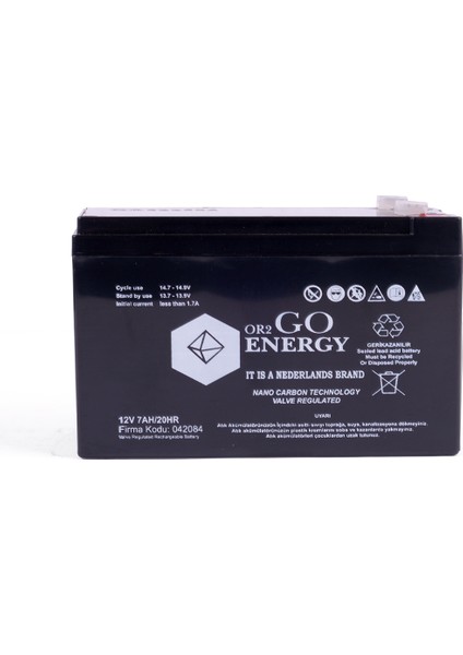 OR2GO Energy 12V 7Ah Jel Akü OV Serisi Uzun Ömürlü