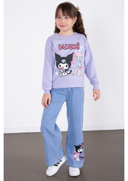 Lila Simli Baskılı Badili Jean Pantolonlu Kız Çocuk 2li Takım 22757