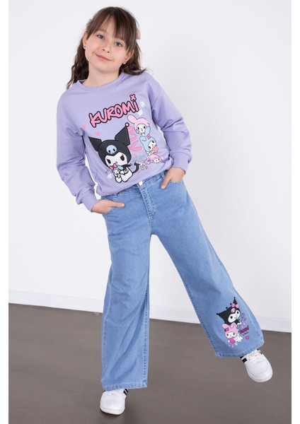 Lila Simli Baskılı Badili Jean Pantolonlu Kız Çocuk 2li Takım 22757 fiyatları