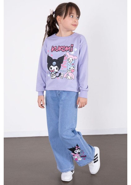 Lila Simli Baskılı Badili Jean Pantolonlu Kız Çocuk 2li Takım 22757 fırsatları