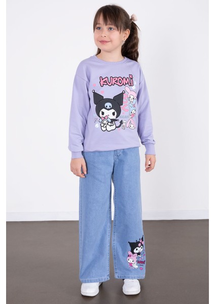 Lila Simli Baskılı Badili Jean Pantolonlu Kız Çocuk 2li Takım 22757 indirimleri