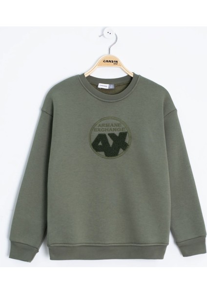 Haki Yazı Nakışlı Bisiklet Yaka Erkek Çocuk Şardonlu Sweatshirt 23248