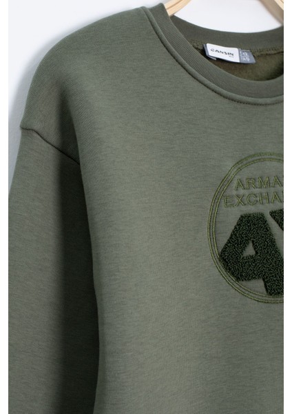 Haki Yazı Nakışlı Bisiklet Yaka Erkek Çocuk Şardonlu Sweatshirt 23248 modelleri