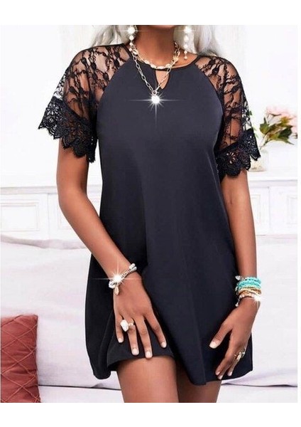 Kadın Dantelli Kısa Kollu Damla Yaka Krep Elbise fiyatları