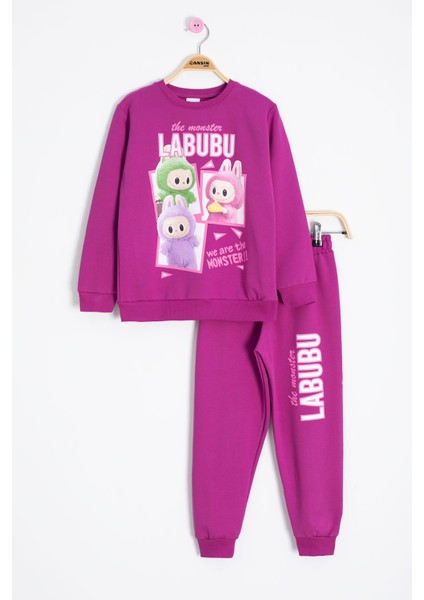 Mor Karakter Baskılı Bisiklet Yaka Kız Eşofman Takımı 23279