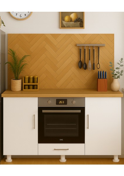 140 Lık Meşe-Beyaz Ankastre Fırın Ocak Dolabı, Kahve Köşesi, Çok Amaçlı Mutfak Dolabı