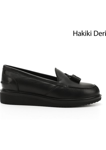 Gön Hakiki Deri Yuvarlak Burun Dolgu Taban Kadın Günlük Loafer Ayakkabı 24097