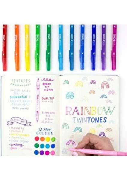 Twintone Çift Uçlu Kalemler Gökkuşağı Renk Seti 12'li 0.3mm ve 0.8mm Uç Seçenekleri modelleri