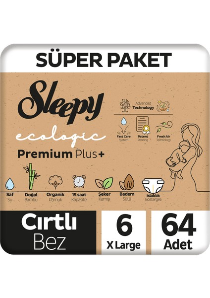 Ecologic Premium Plus Süper Paket Bebek Bezi 6 Numara xl 64 Adet