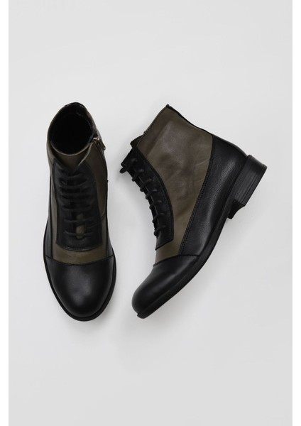 Siyah Yeşil Deri Kadın Düz Bot 01WT2601 01WT2601