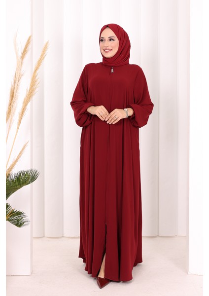 Fermuarlı Kol Manşetleri Büzgülü Mevlana Ferace 6007 Bordo