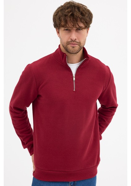 Erkek Bordo Standart Fit Normal Kesim Pamuklu Yarım Fermuarlı Dik Yaka Pamuklu Sweatshirt