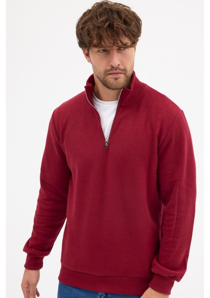 Erkek Bordo Standart Fit Normal Kesim Pamuklu Yarım Fermuarlı Dik Yaka Pamuklu Sweatshirt fiyatları