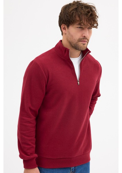 Erkek Bordo Standart Fit Normal Kesim Pamuklu Yarım Fermuarlı Dik Yaka Pamuklu Sweatshirt modelleri