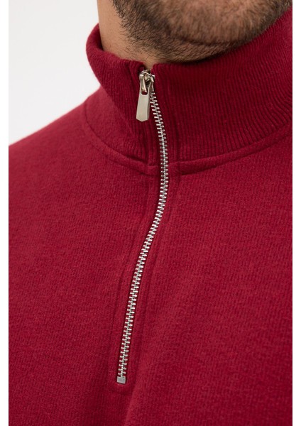 Erkek Bordo Standart Fit Normal Kesim Pamuklu Yarım Fermuarlı Dik Yaka Pamuklu Sweatshirt indirimleri