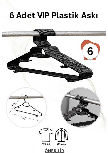 Siyah Plastik Elbise Kıyafet Askısı 6 Adet Plastik Elbise Askısı Siyah Vıp