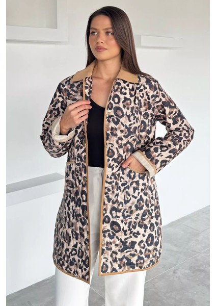 Leopar Desenli Ön Çıtçıtlı Trençkot P-00018858