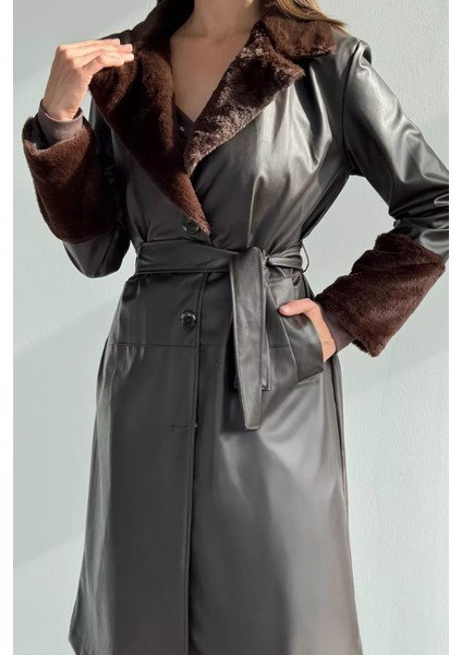 Kadın Yaka ve Bilek Kürk Garnili Bel Kuşaklı Suni Deri Trençkot P-00018682 fiyatları