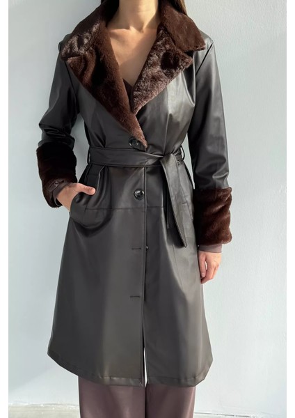 Kadın Yaka ve Bilek Kürk Garnili Bel Kuşaklı Suni Deri Trençkot P-00018682 modelleri